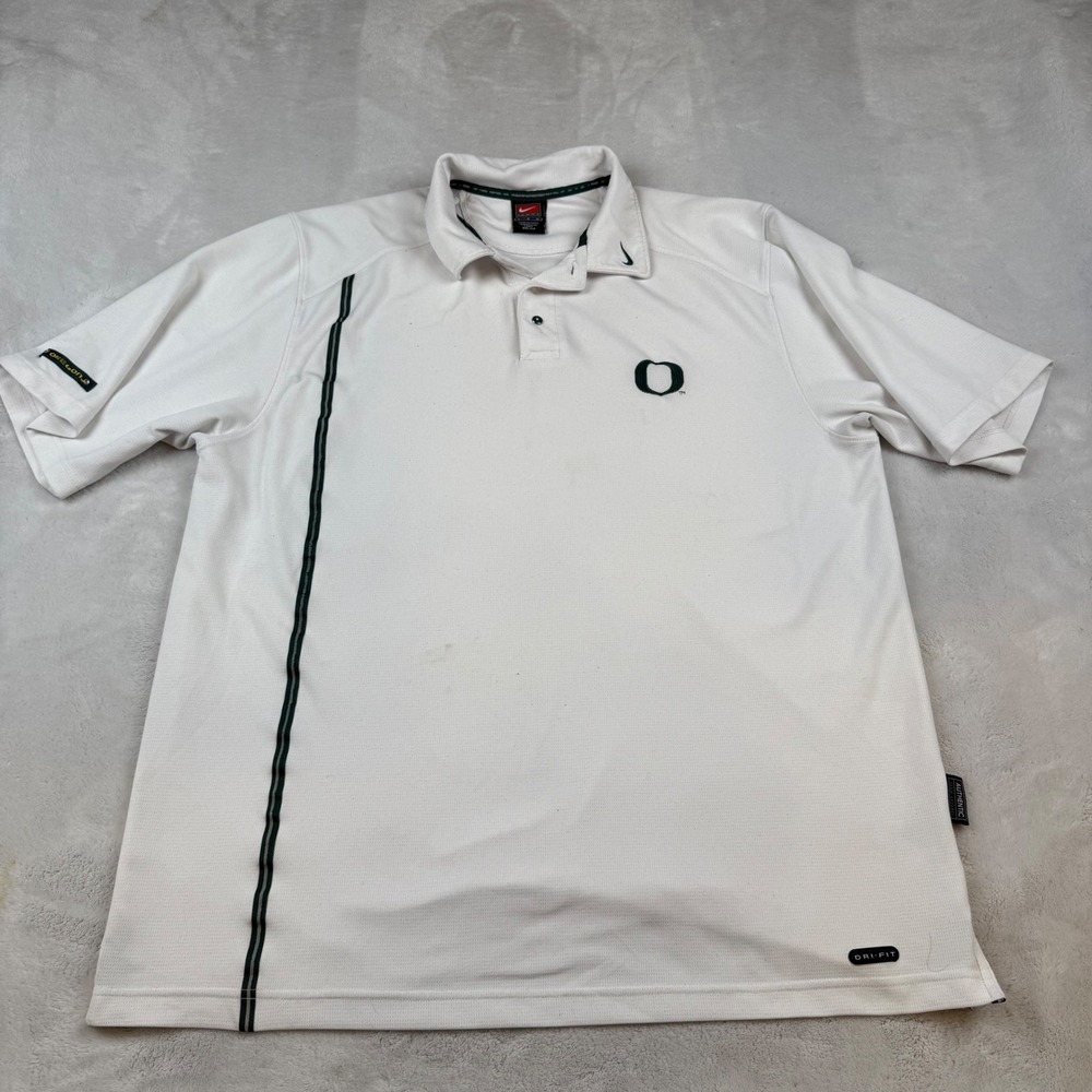 Nike‎ Oregon Ducks Dri FIT Golf Polo Shirt Mens Large White Green O Logo